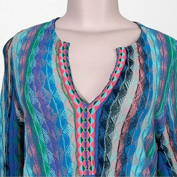 Embroidered Knit Stretch Hippie Beach Vacay Boho Festival Tunic Blue Multi - Picture 3 of 10